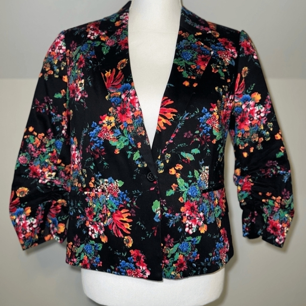 Laundry Shelli Segal Blazer Black Multi Floral 3/4 Ruched Sleeve